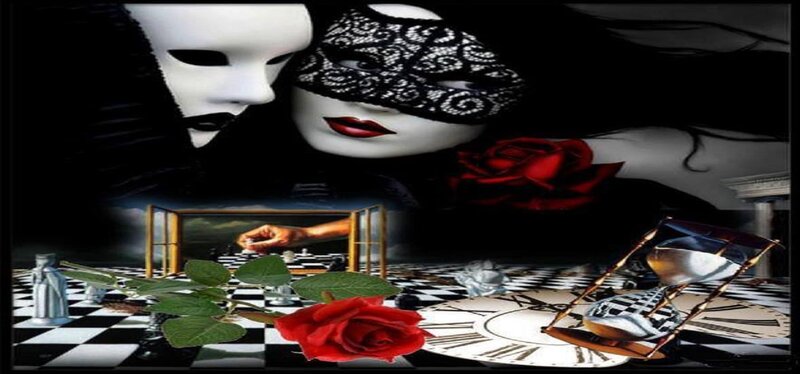 Two Masked Figures — Black, Dramatic, Digital Art, Masks, Roses