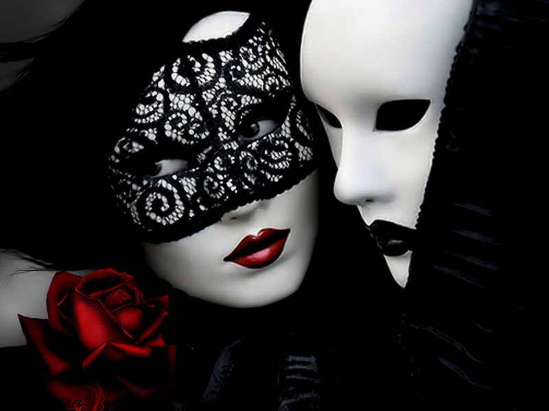 Two Masked Figures — Black, Dramatic, Digital Art, Red Rose
