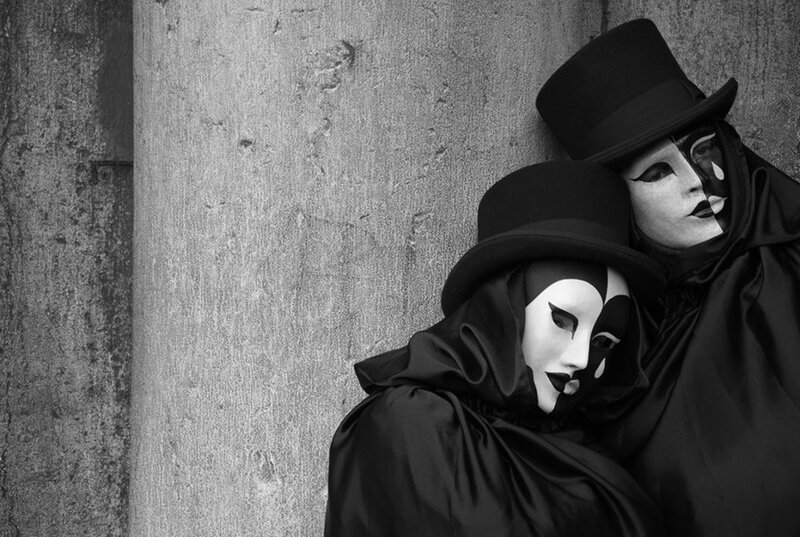 Two Masked Figures — Black, Dramatic, Photograph, Masks