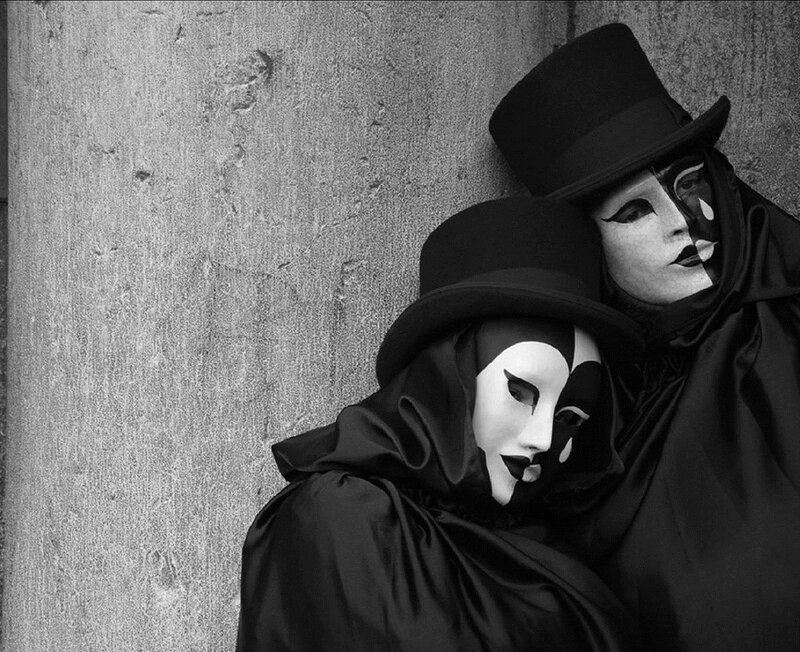 Two Masked Figures — Black, Dramatic, Photograph