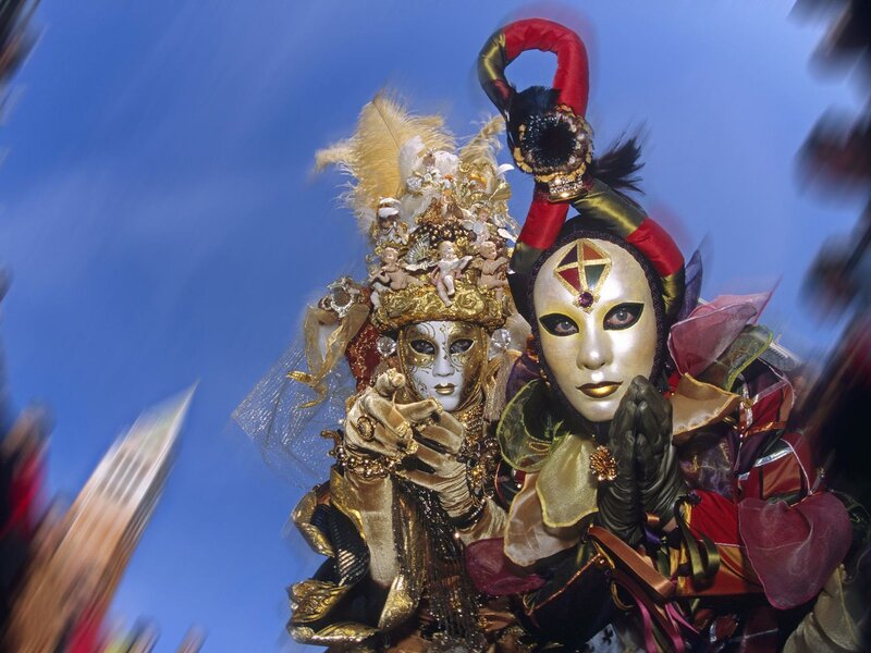 Two Masked Figures — Blue, Festive