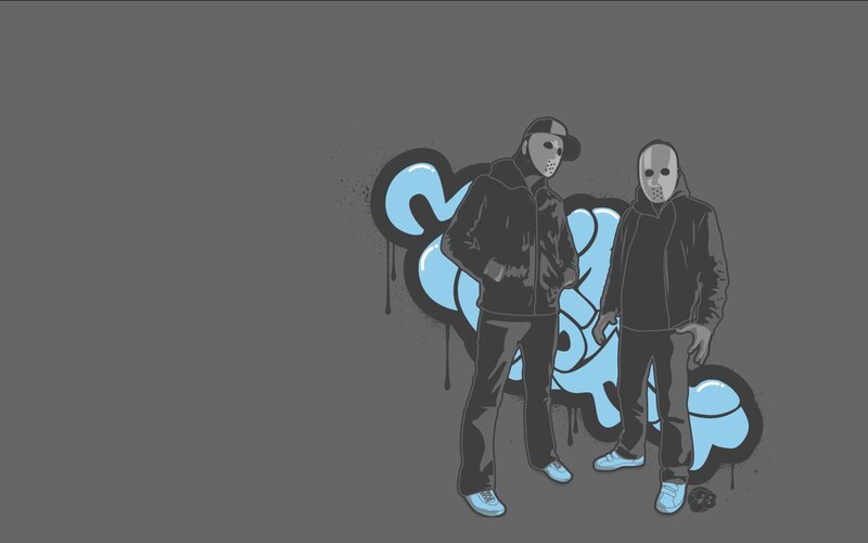 Two Masked Figures — Gray, Dark