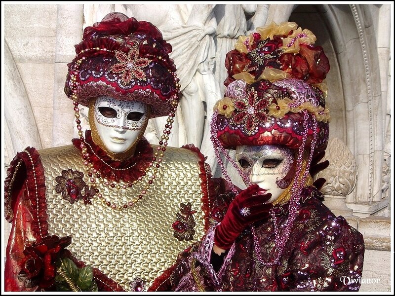 Two Masked Figures — Red, Festive