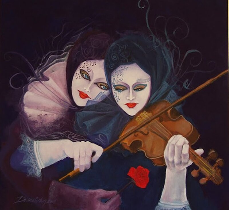 Two Masked Women Playing Violin