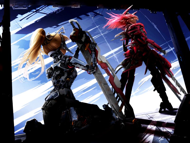 Two Mechs in Combat — Red, Dramatic