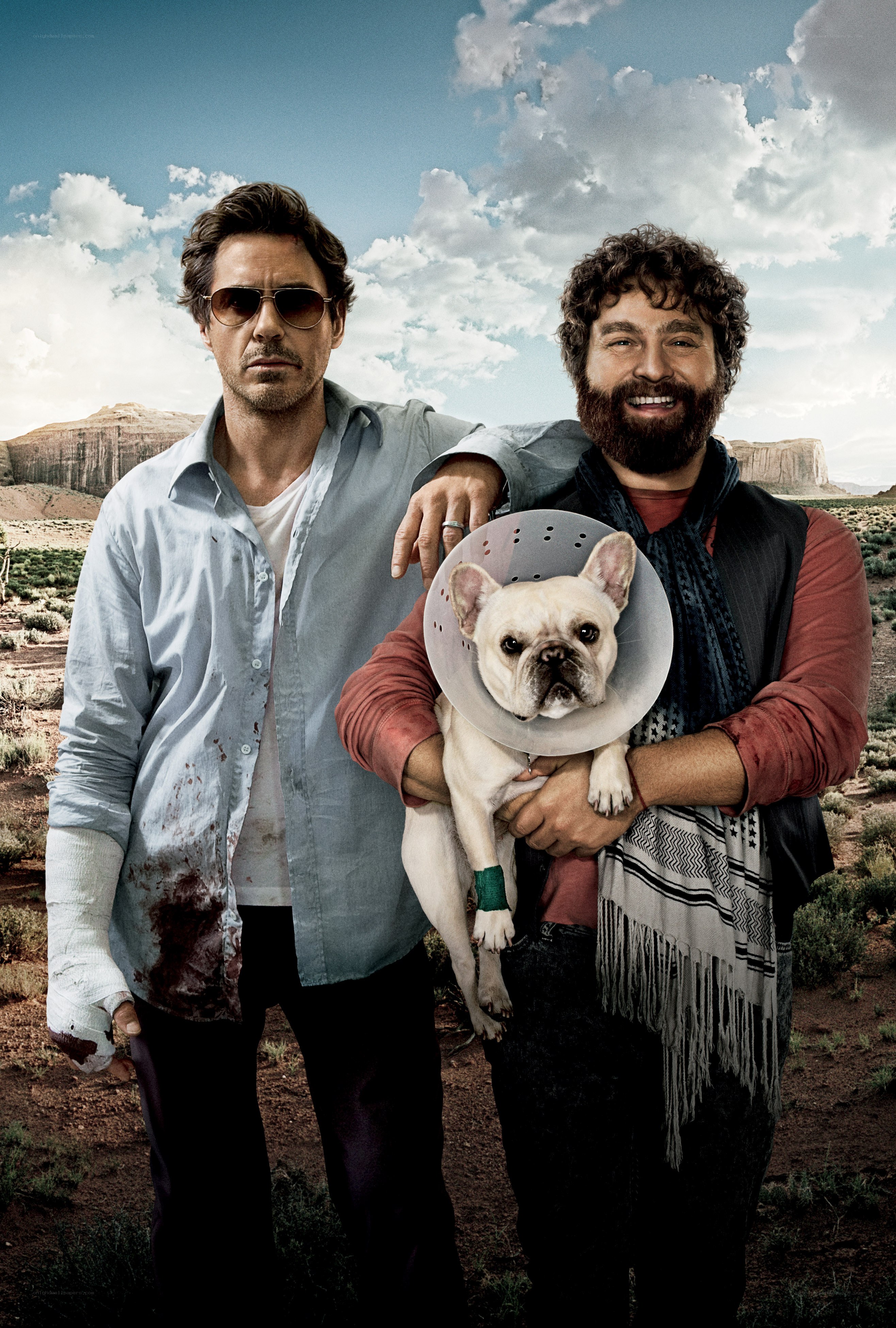 Two men and a dog in the desert