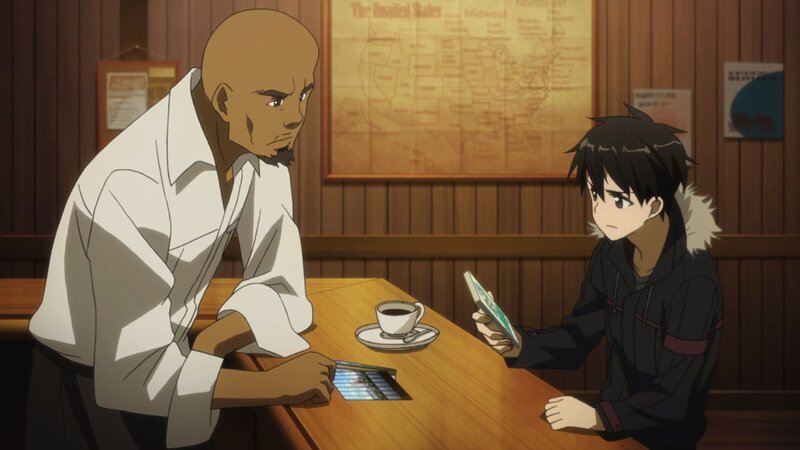 Two Men at a Table — Brown, Serious