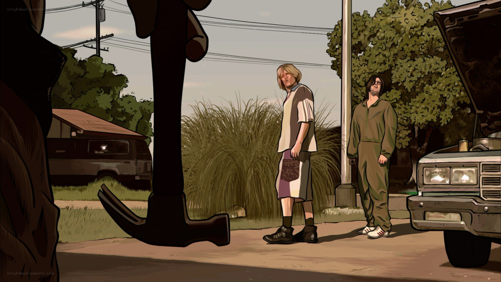 Two men by a car with open hood