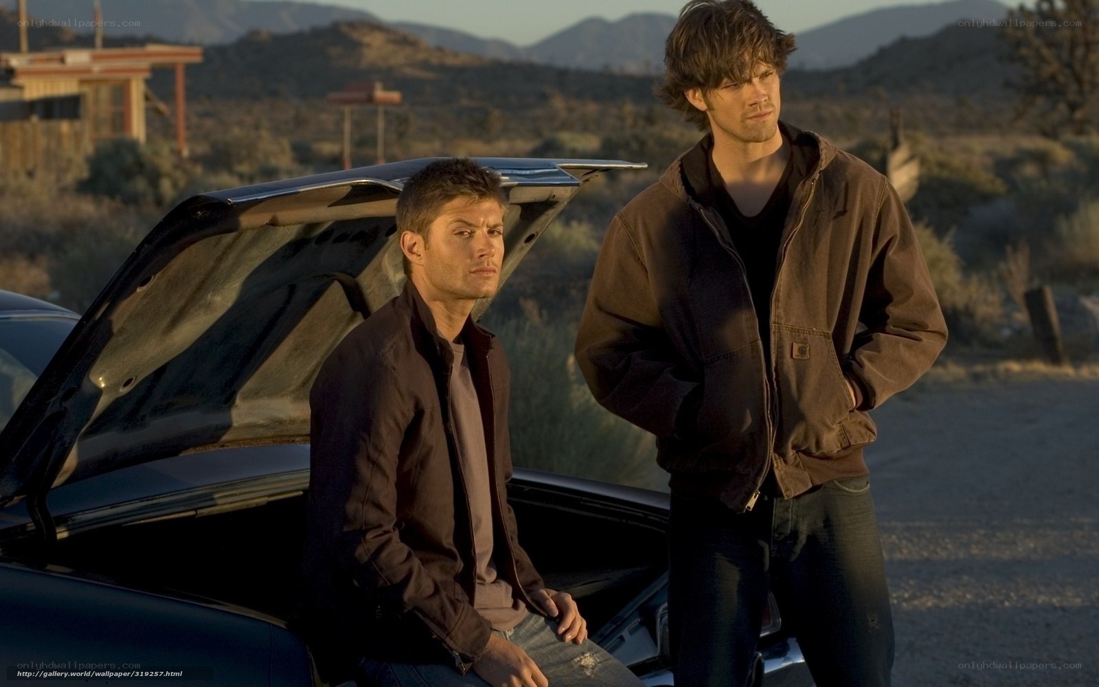 two men by car in desert