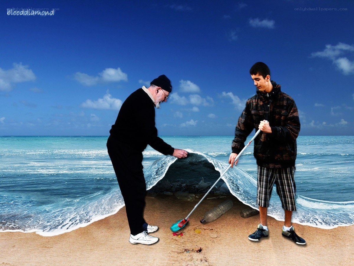 Two men cleaning beach trash