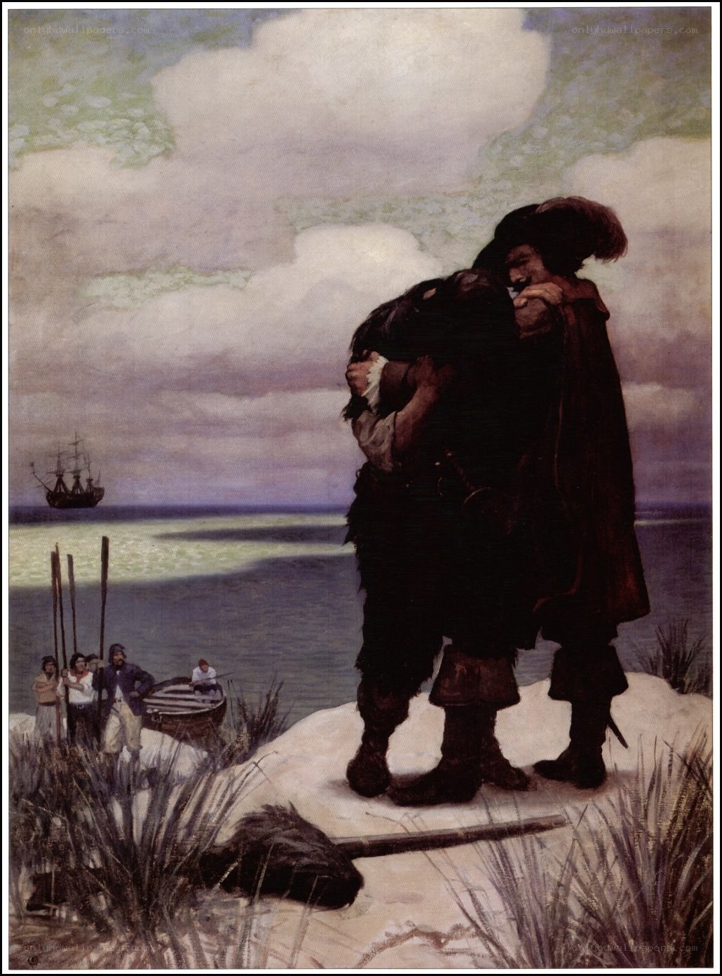 Two men embrace on a shore