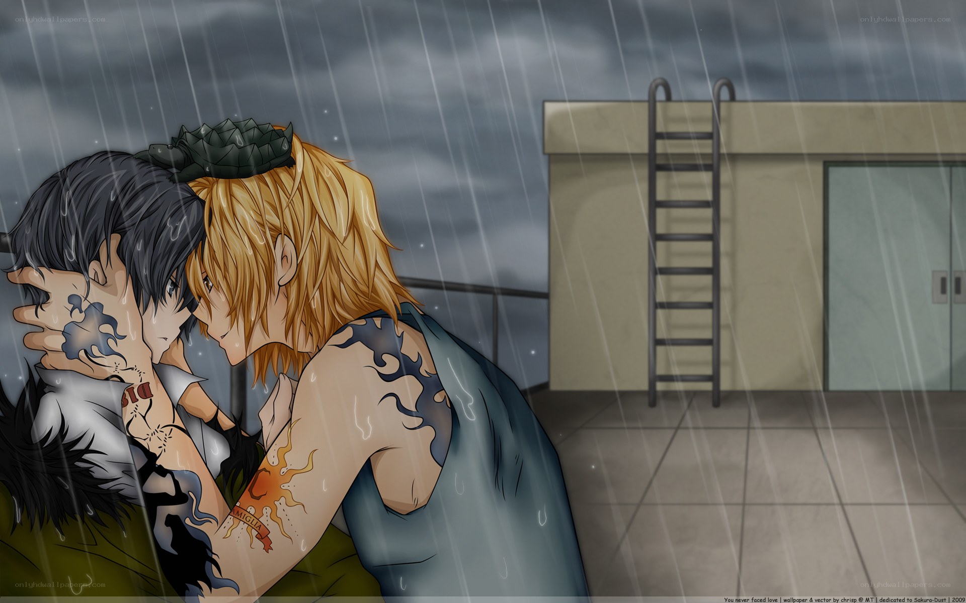 two men embracing in the rain