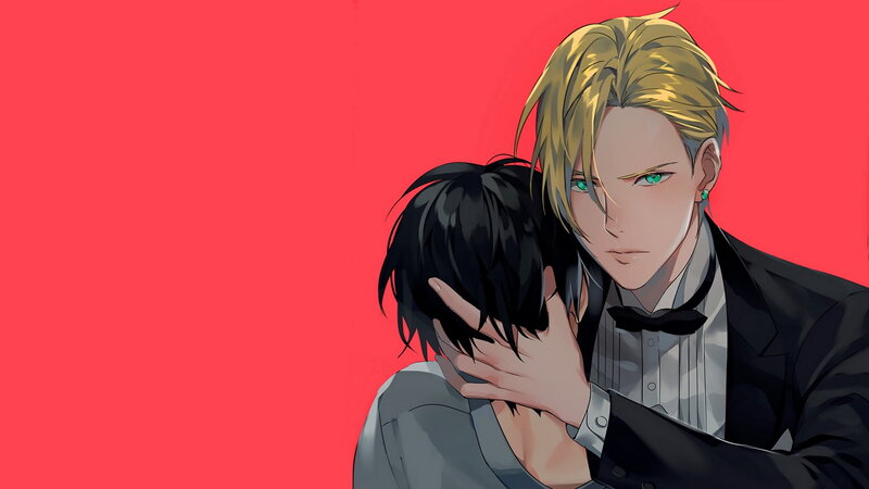 Two Men Embracing — Red, Dramatic, Anime