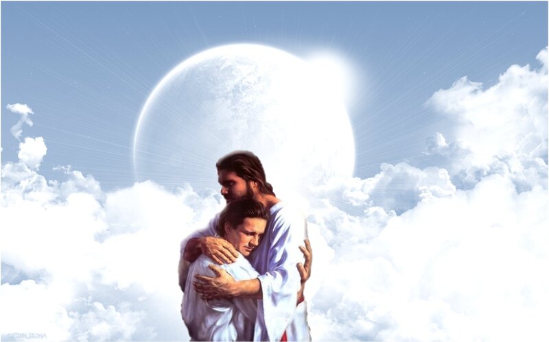 Two Men Embracing — White, Serene
