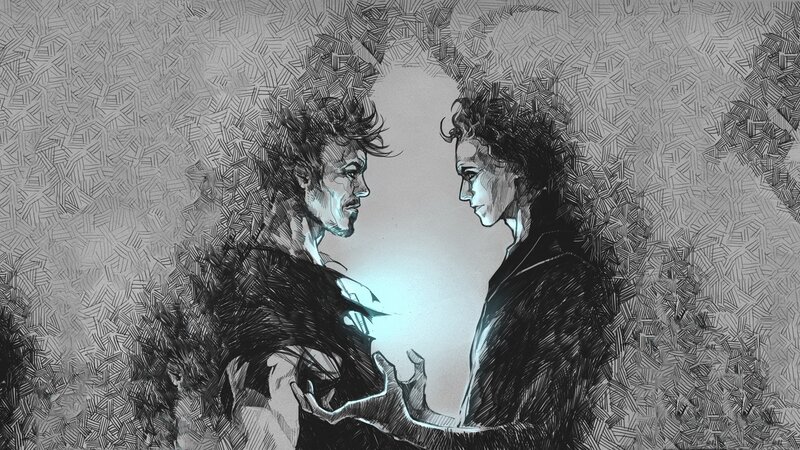 Two Men Facing Each Other — Black, Dramatic, Illustration, Hands