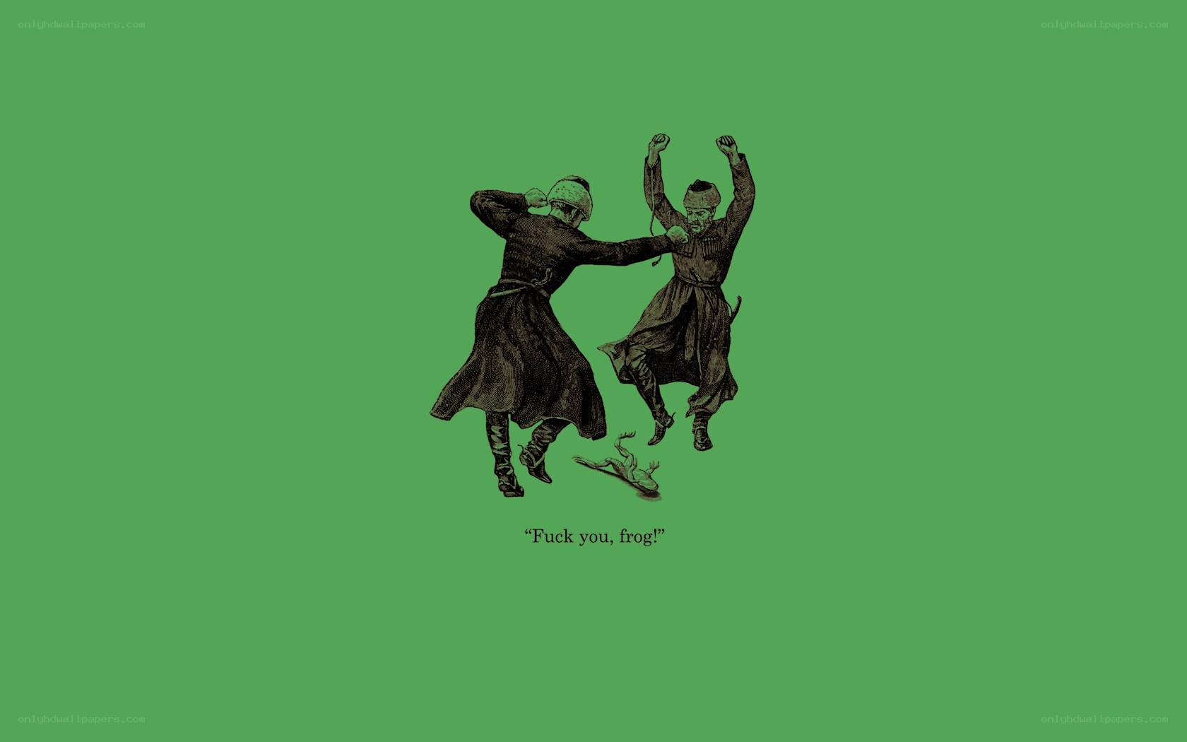 Two men fighting over a frog