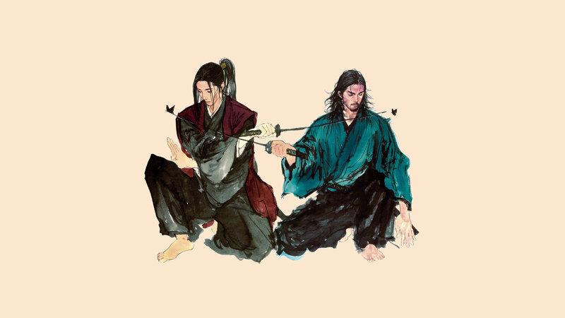 Two Men Fighting with Swords — Beige