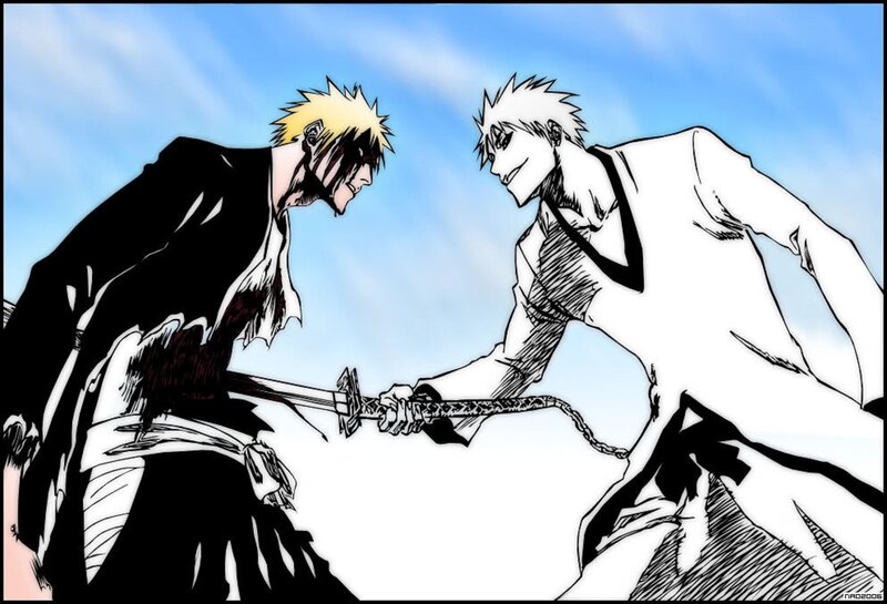 Two Men Fighting with Swords — Blue, Dramatic