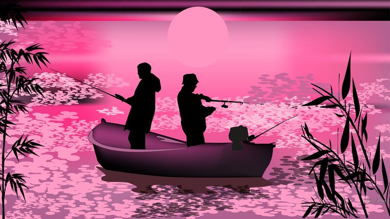Two Men Fishing in a Boat — Pink