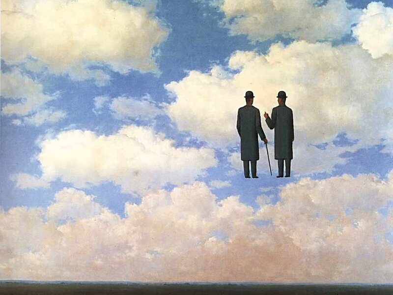 Two men floating in the sky