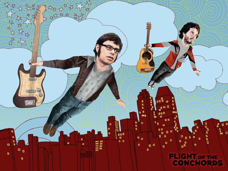 Two Men Flying with Guitars