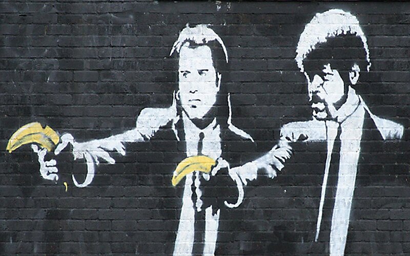 Two Men Holding Bananas — Black, Dramatic, Illustration, Suits