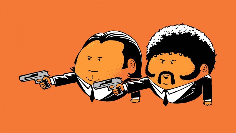 Two Men Holding Guns — Orange, Dramatic, Illustration