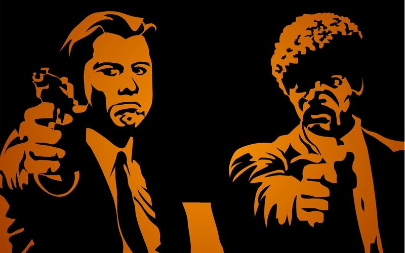 Two Men Holding Guns — Orange, Dramatic, Vector Art