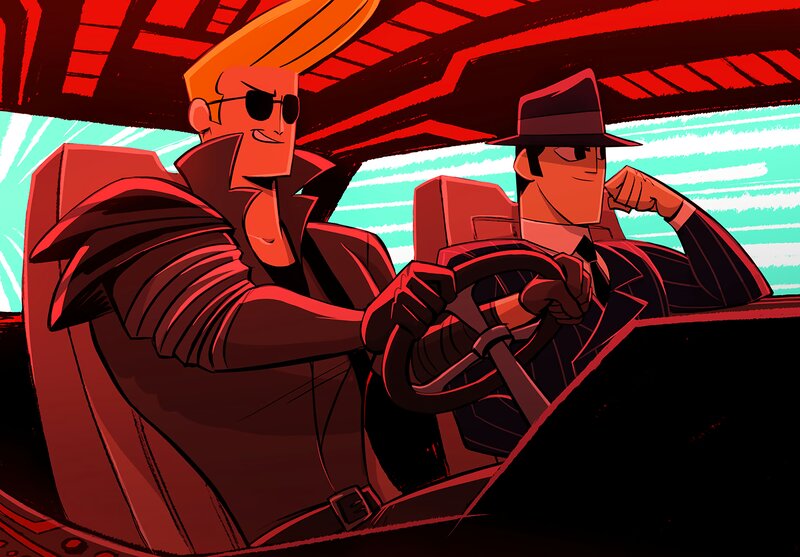 Two Men in a Car — Red, Dramatic, Digital Art