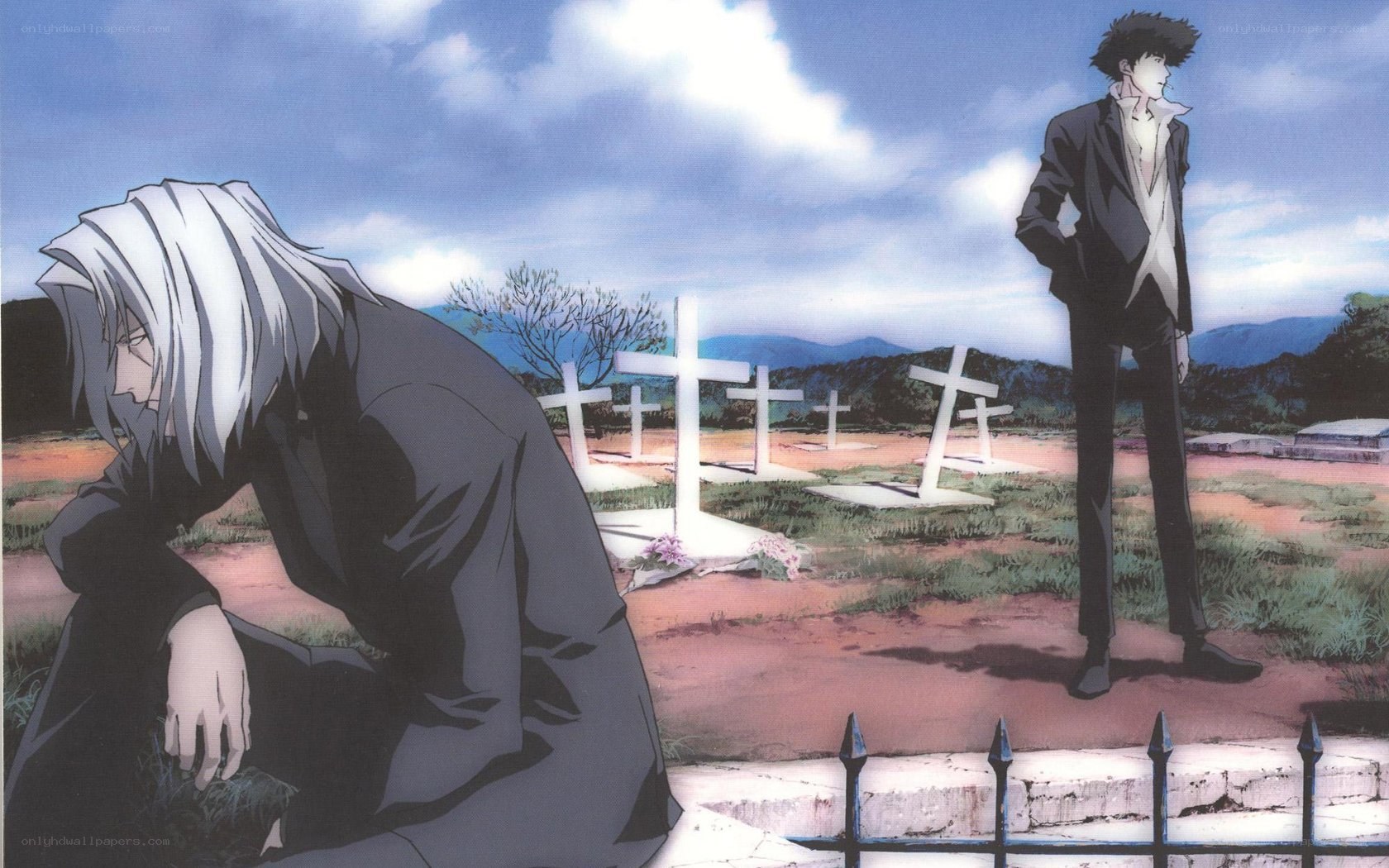 Two men in a cemetery