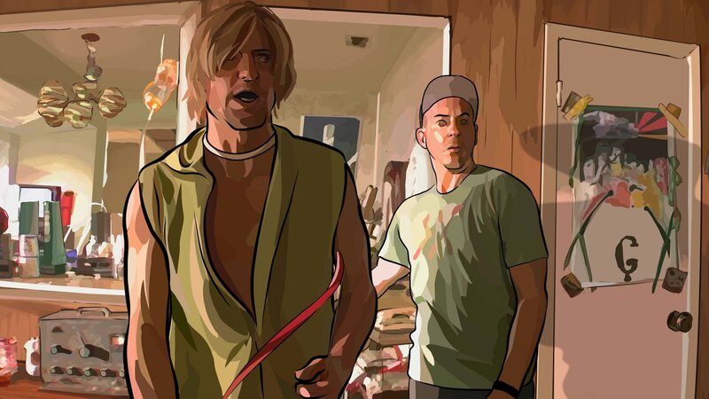 Two men in a cluttered room