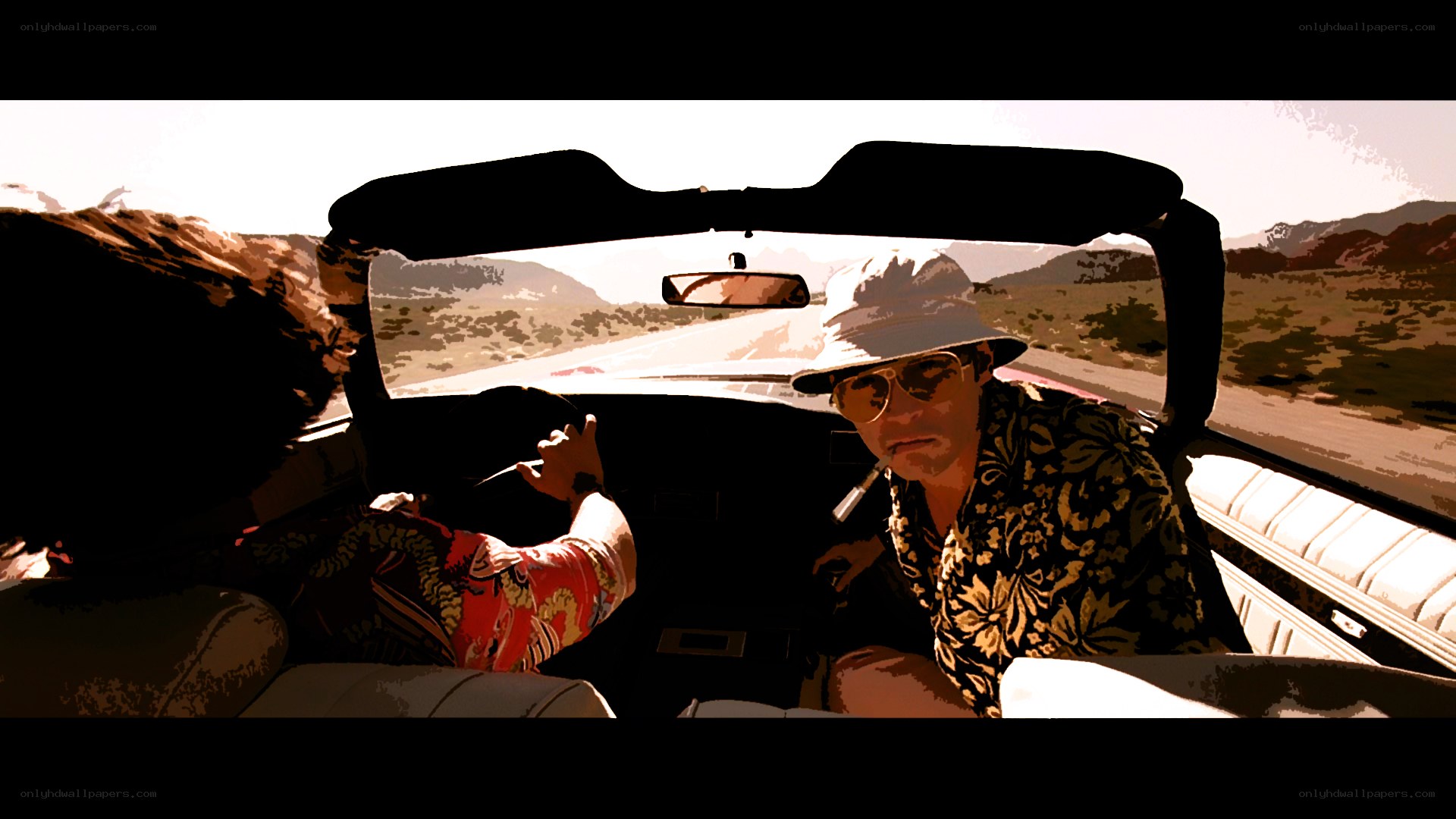 Two men in a convertible car