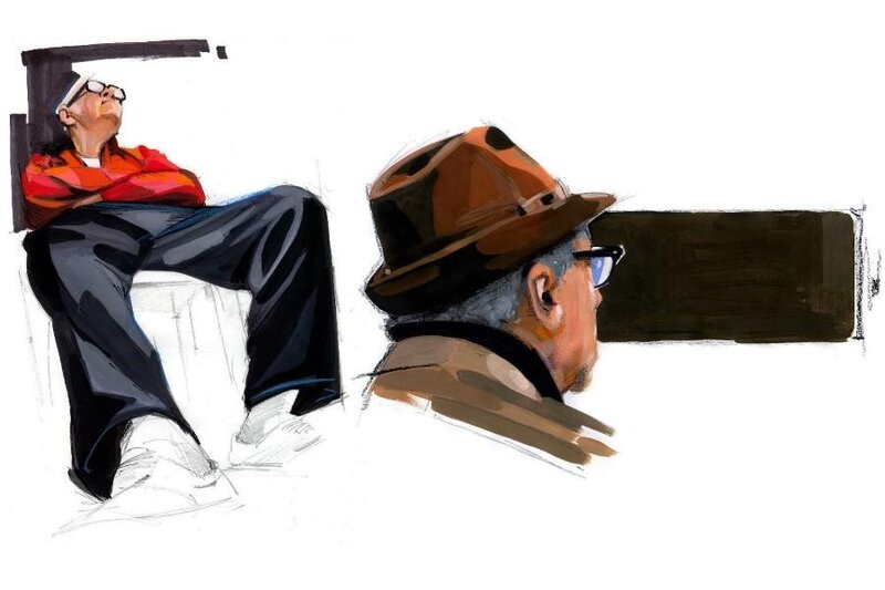 Two men in a courtroom sketch