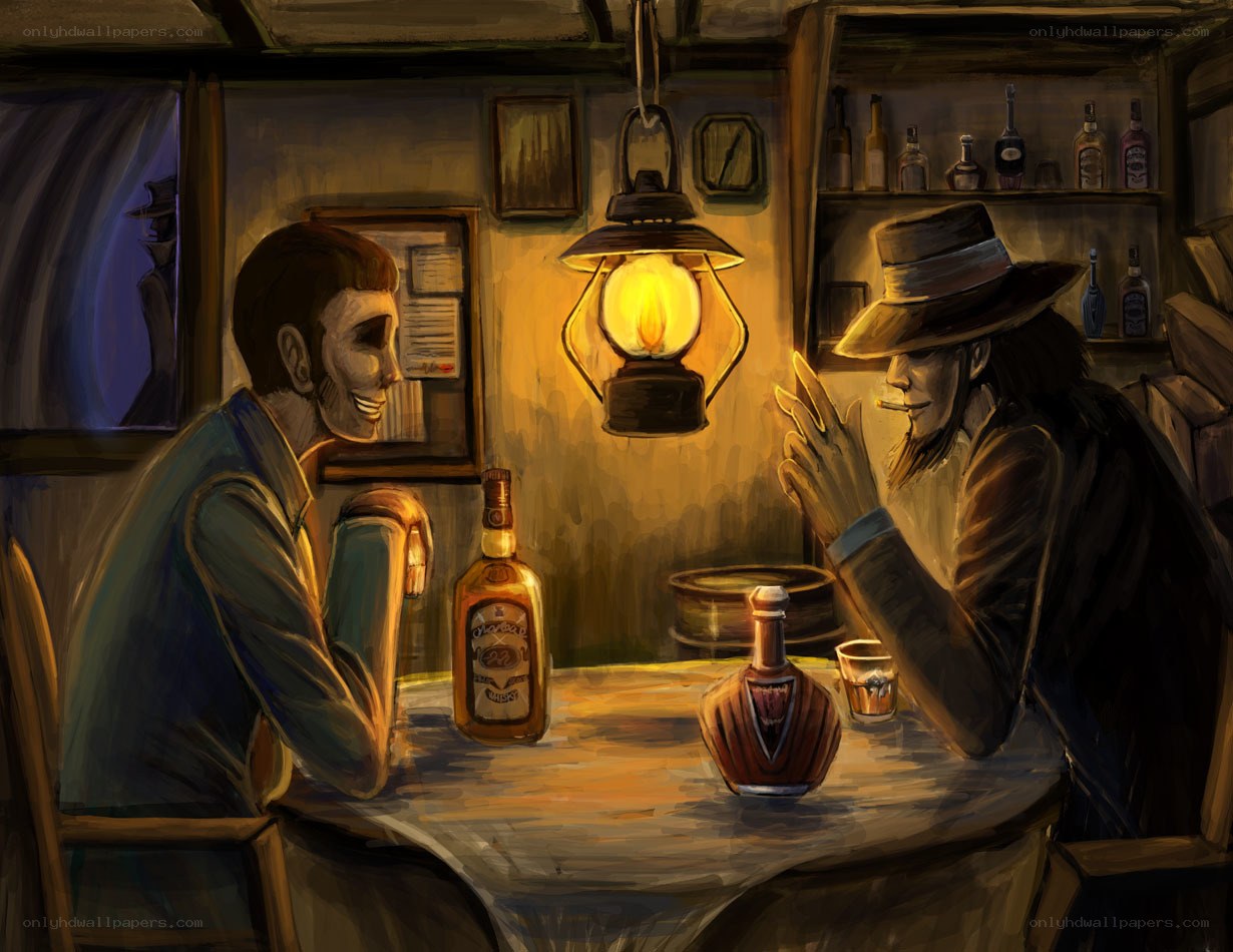 Two men in a dimly lit saloon