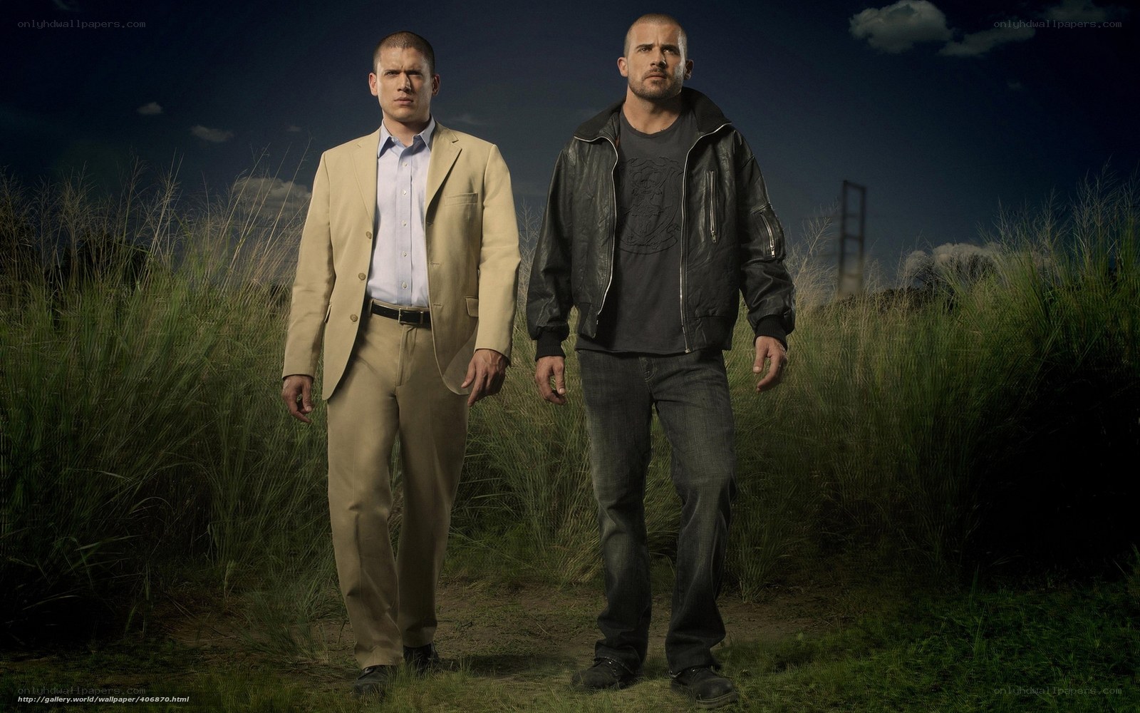 Two men in a field at night