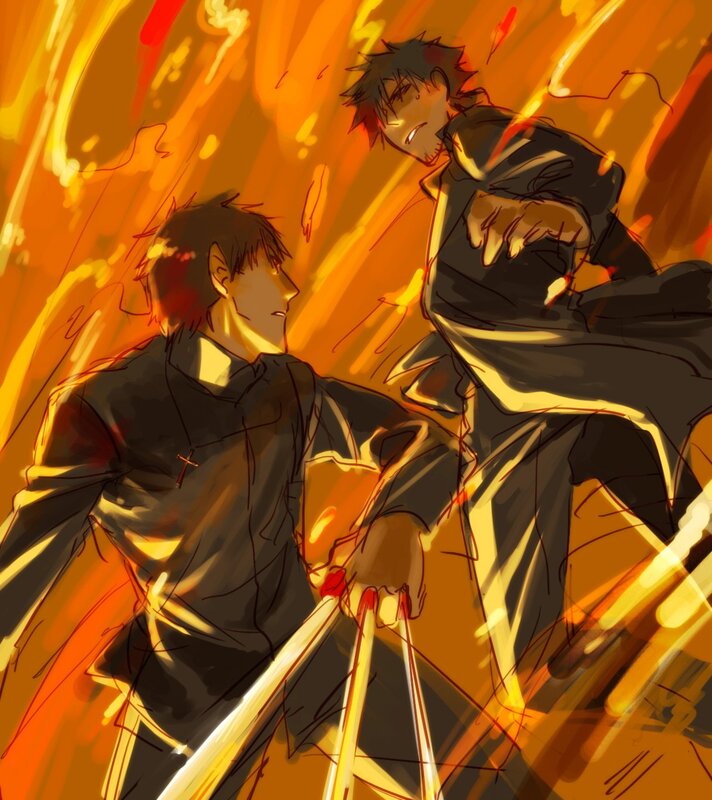 Two men in a fiery battle