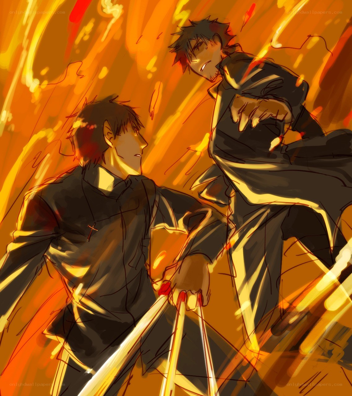 Two men in a fiery battle