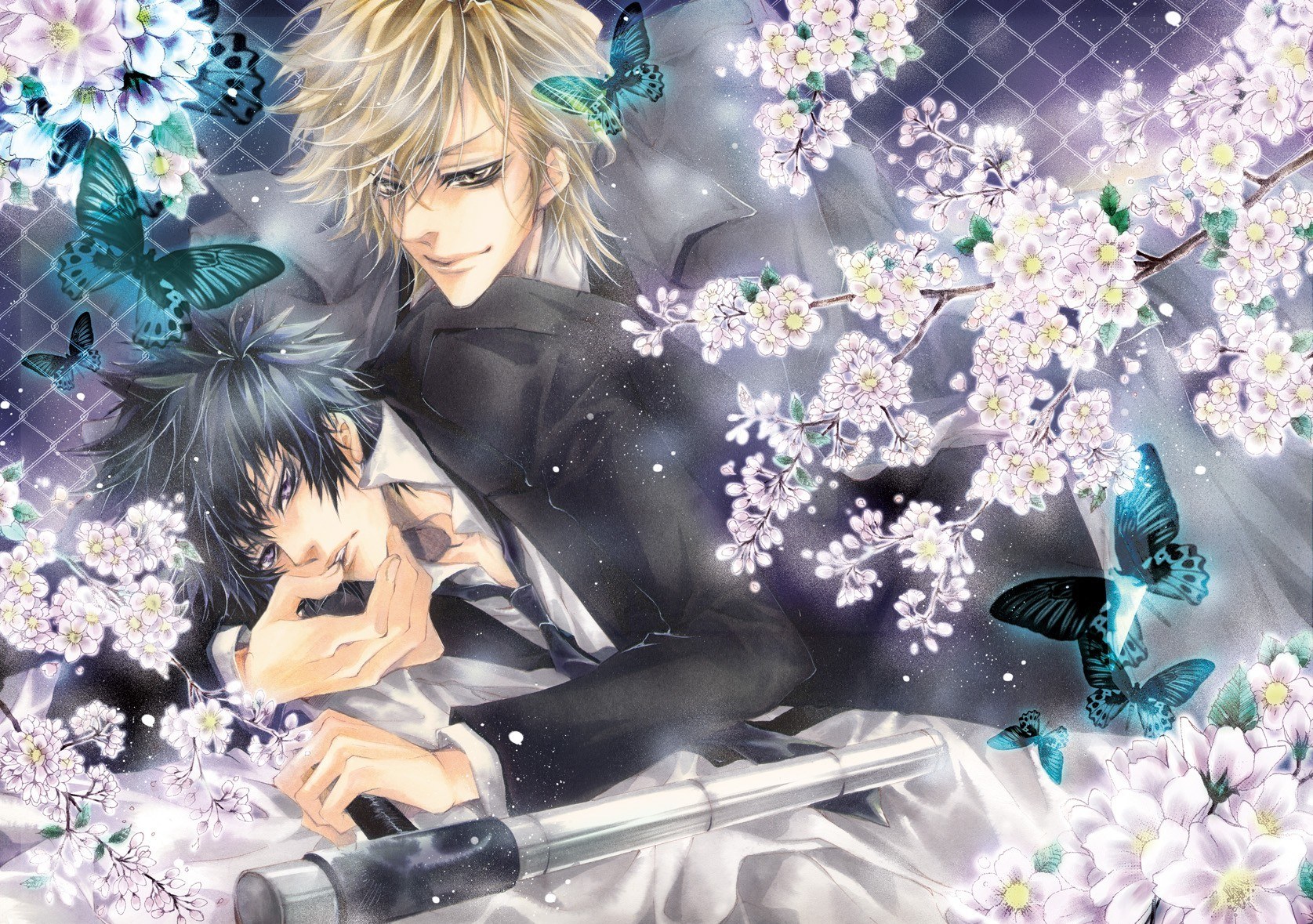 Two men in a floral scene