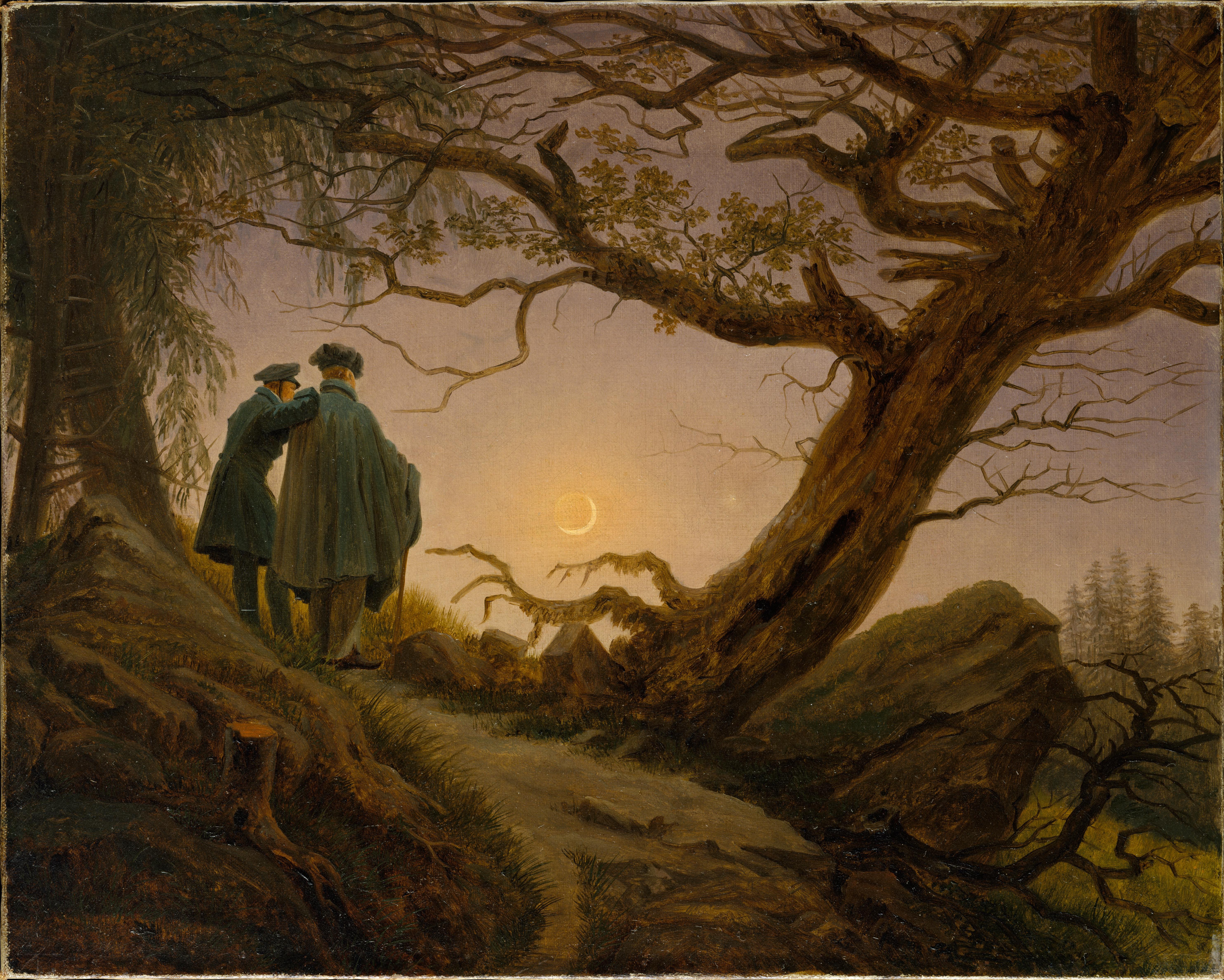 Two men in a forest at sunset