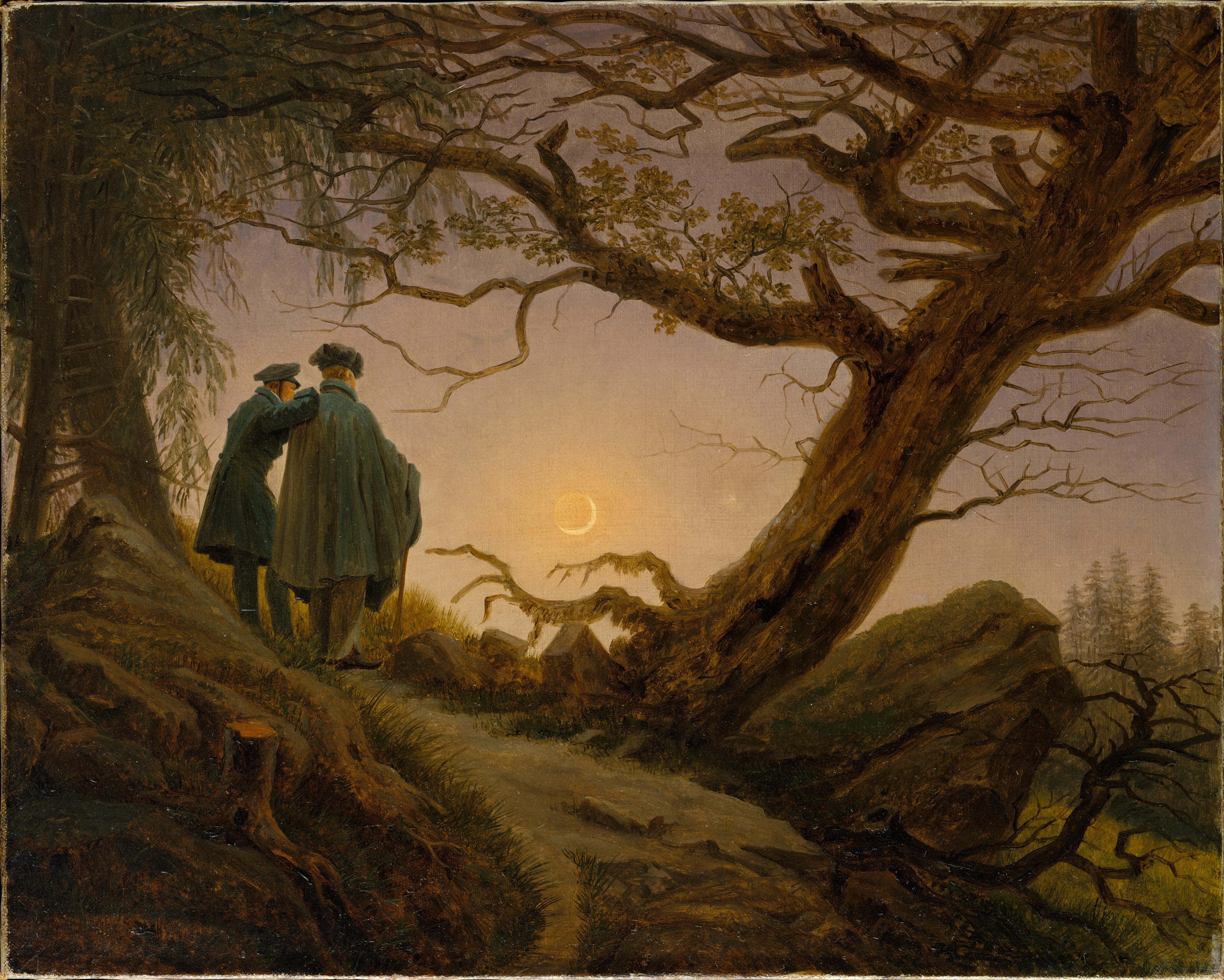 Two men in a forest at sunset