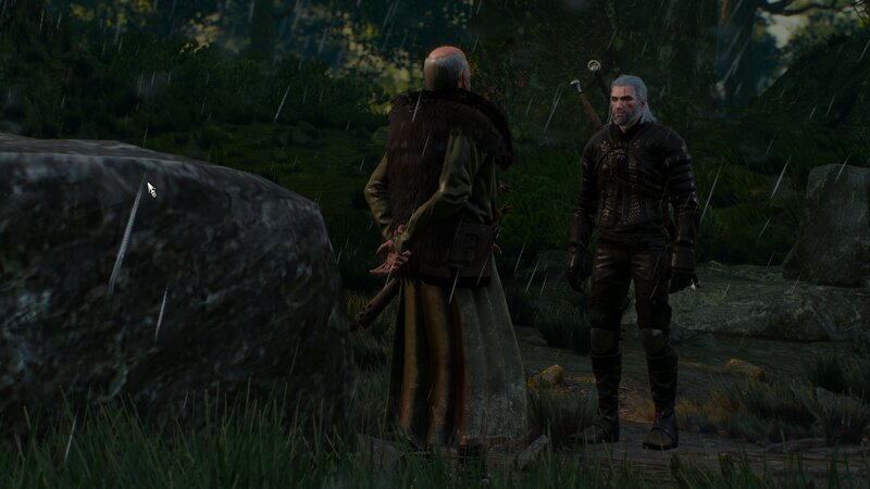 Two Men in a Forest — Green, Dark, Rainy