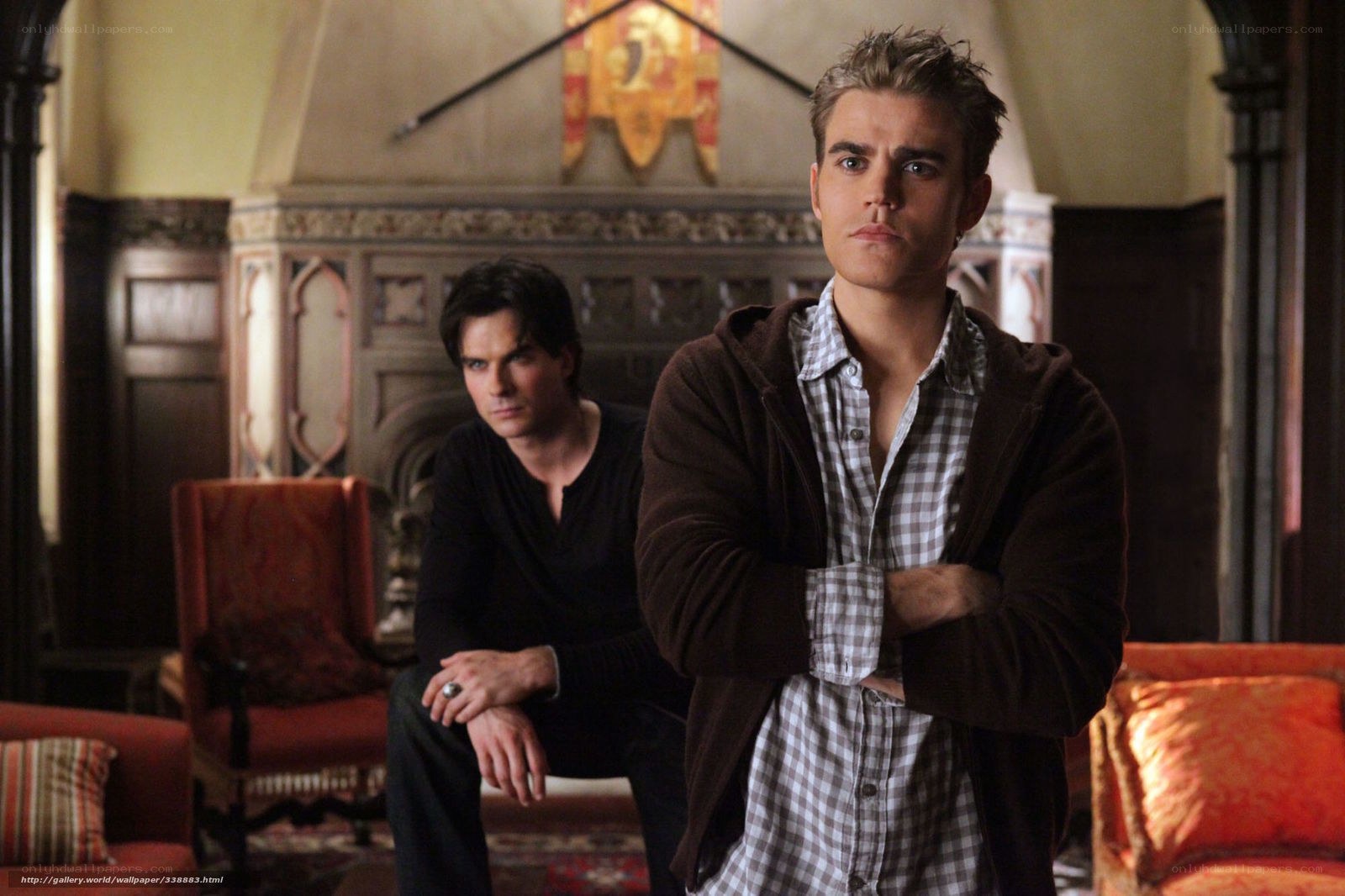 Two men in a grand room