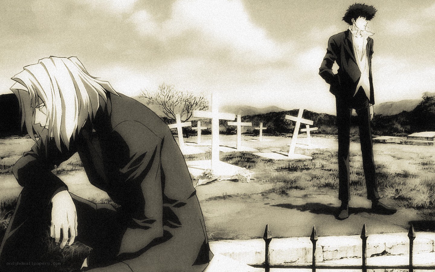 Two men in a graveyard