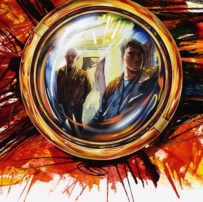 Two men in a reflective orb