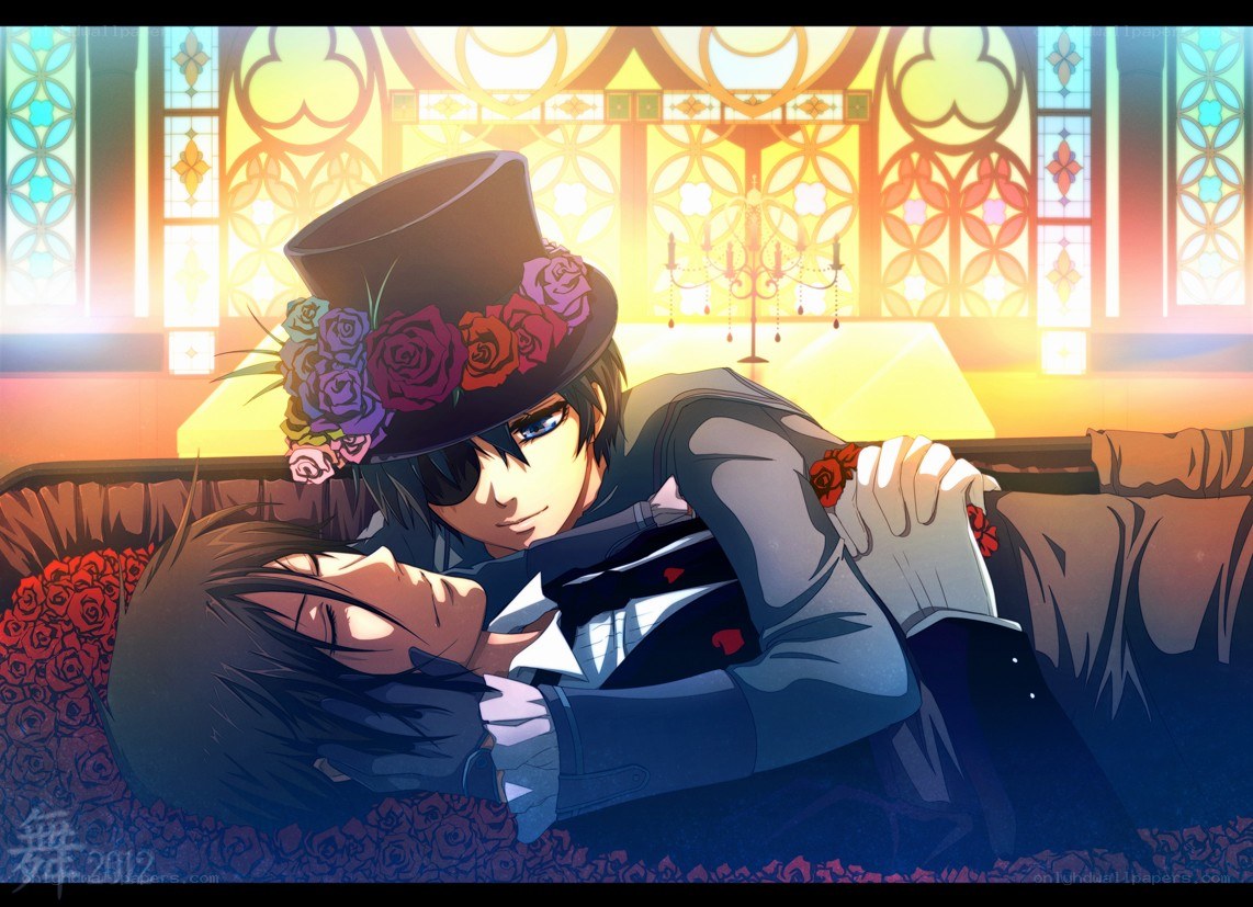 Two men in a romantic embrace