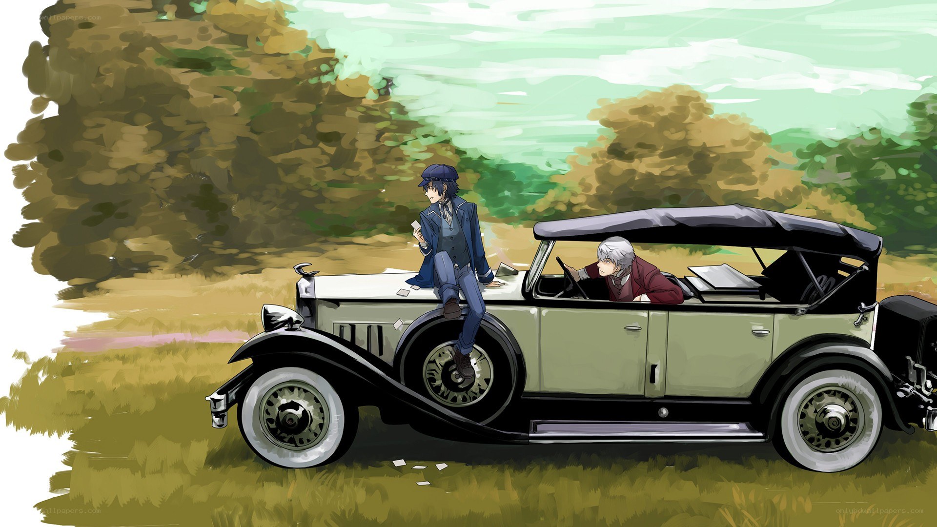 Two men in a vintage car
