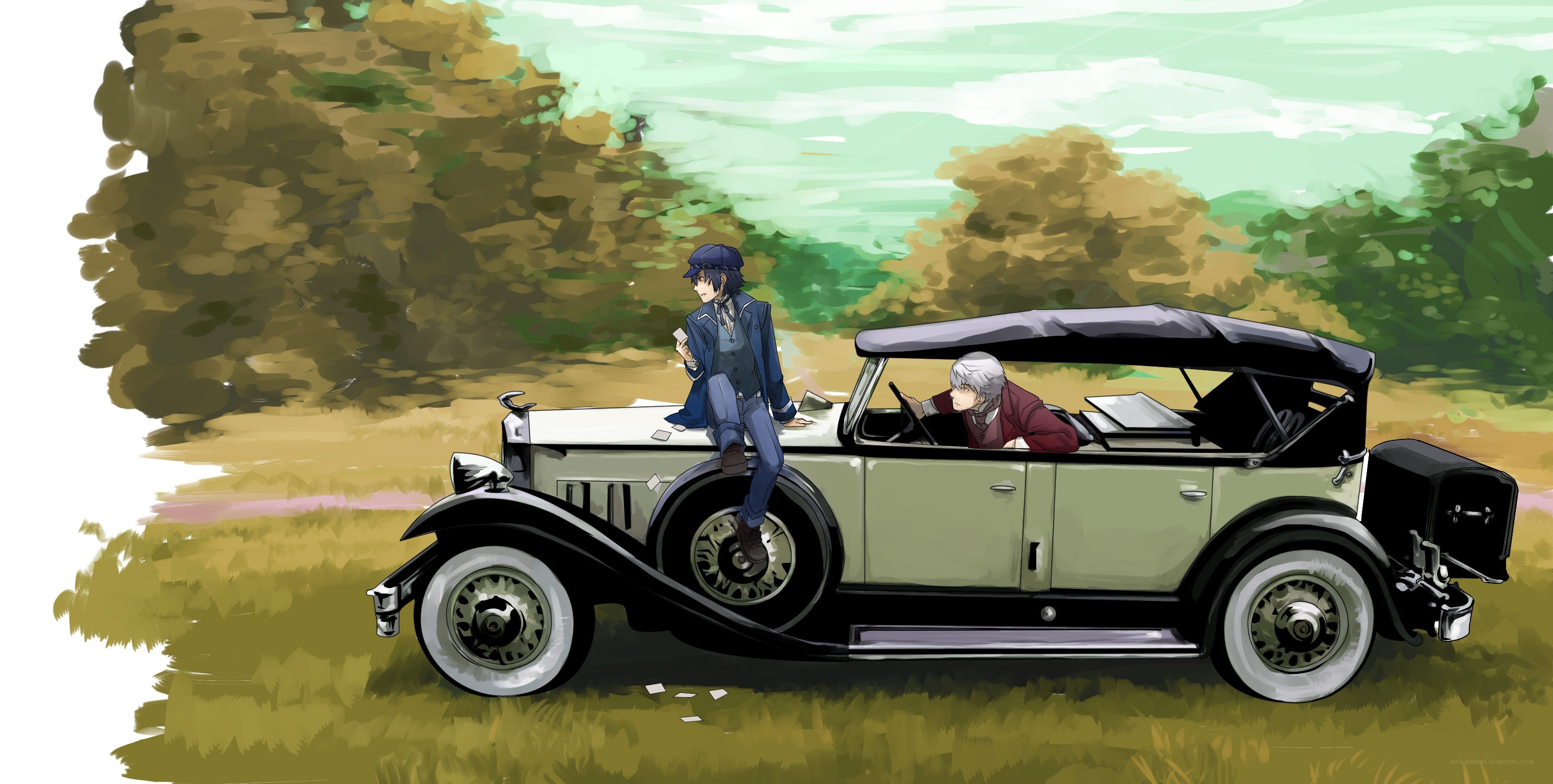 Two men in a vintage car