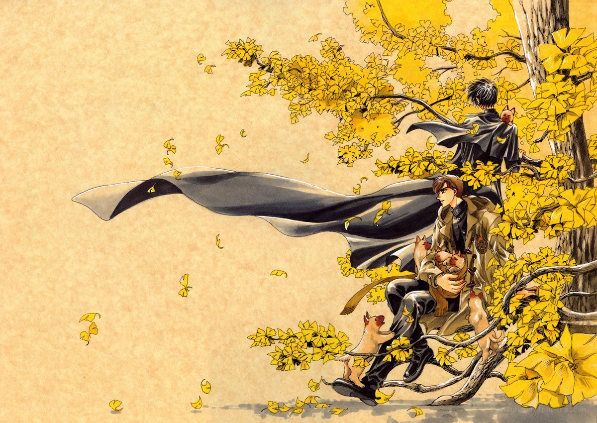Two men in autumn with cats