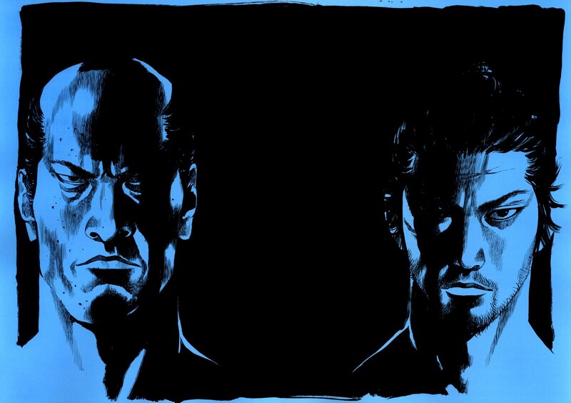 Two Men in Blue and Black