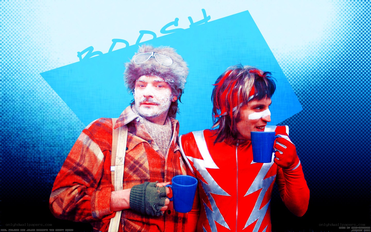 Two men in costumes with mugs